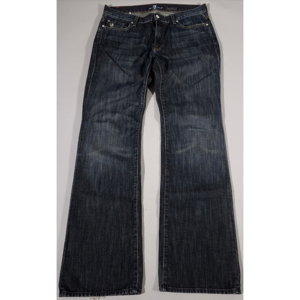 7 For All Mankind Jeans Mens 33 Blue Bootcut Dark Wash Distressed 100% Cotton